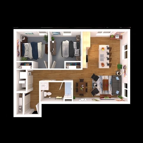 Floor plan for 2 beds, 1 bath, 903 sqft